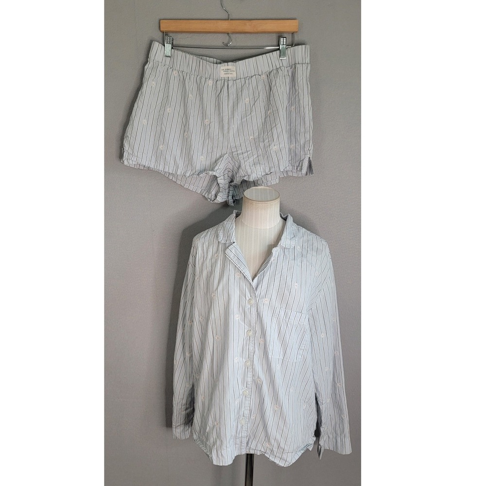 American Eagle Pajama Set Shorts L Blue Striped Floral Summer I Turned Pretty